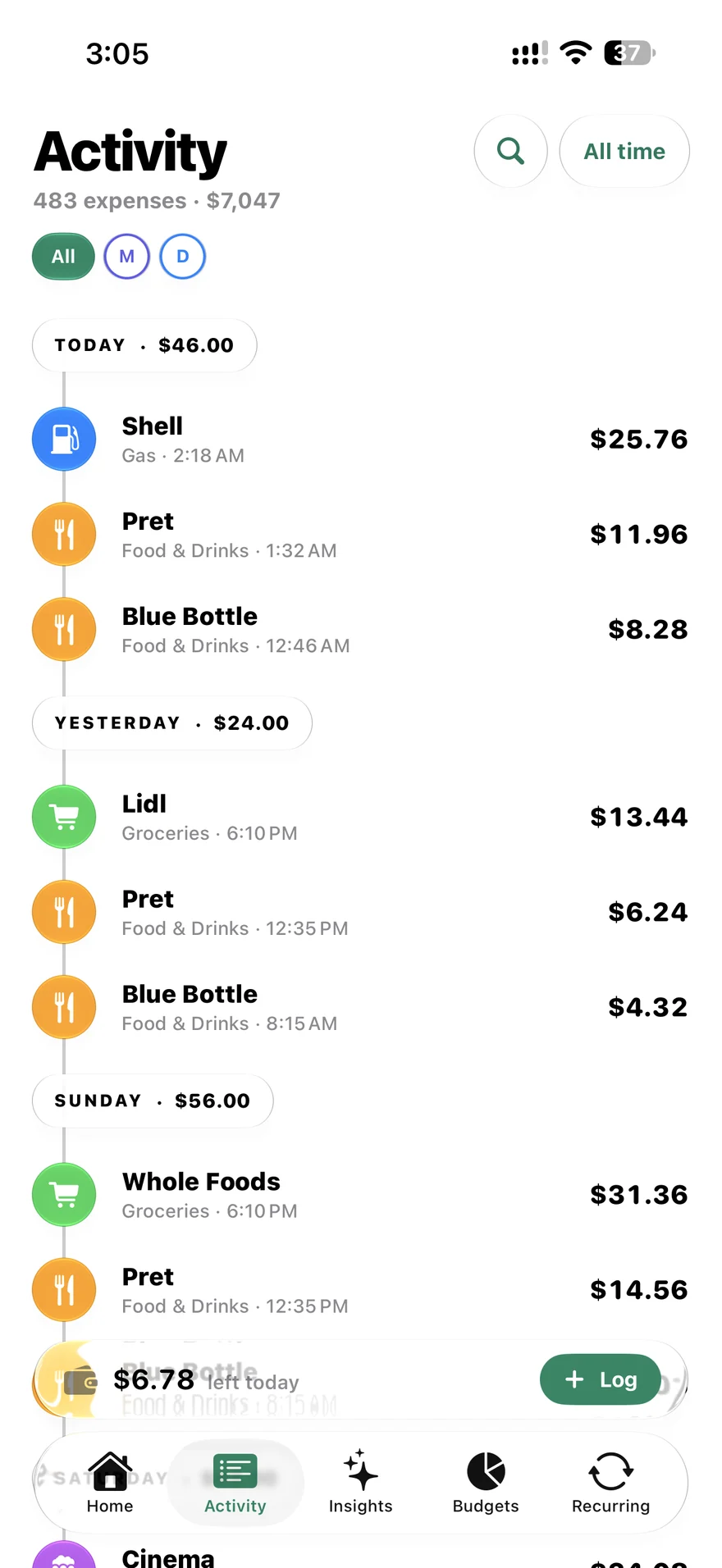 Spending on iPhone — expense activity and merchants